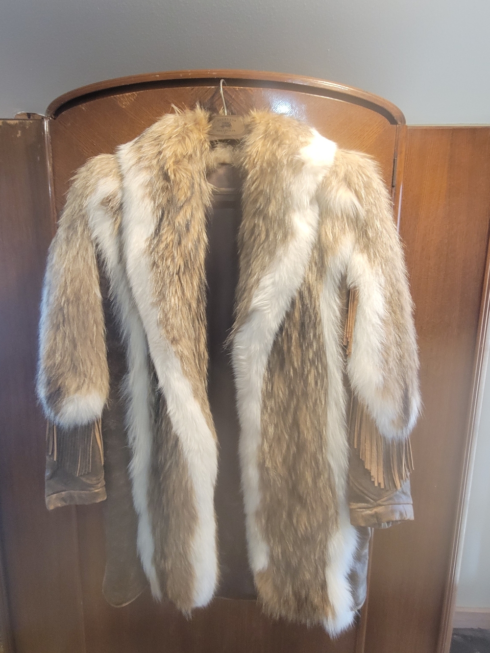 Overland Genuine Coyote & Distressed Leather Coat with Fringe